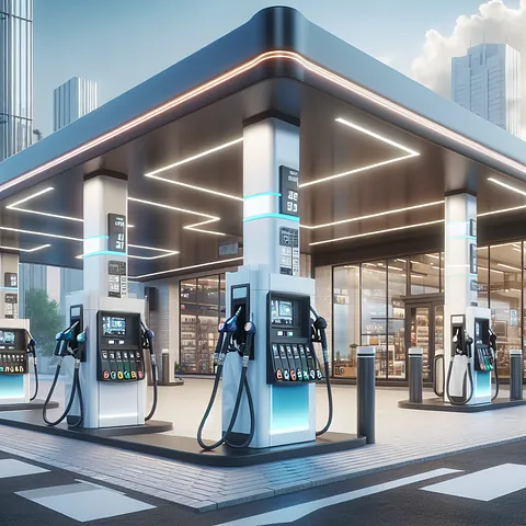 Modern gas station with self-service pumps